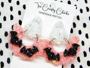 Baby Pink & White Bat Scalloped Dangles w/ Ghost Tops