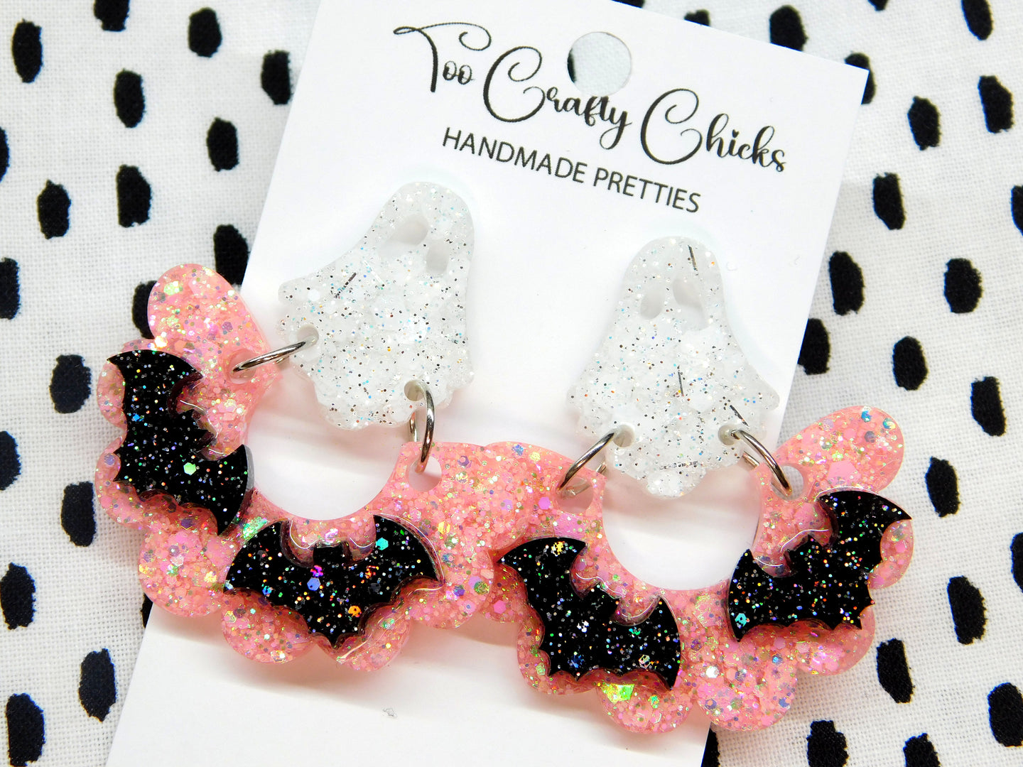 Baby Pink & White Bat Scalloped Dangles w/ Ghost Tops