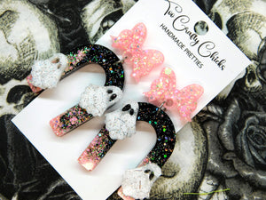 Baby Pink Black & White Ghost Arch Dangles w/ Bow Tops