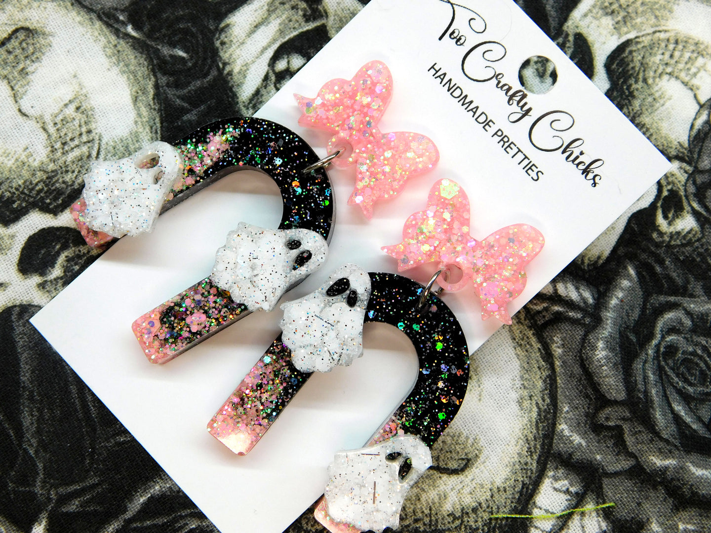 Baby Pink Black & White Ghost Arch Dangles w/ Bow Tops