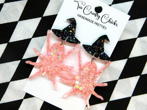 Large Baby Pink Spider Dangles w/ Black Witch Hat Tops