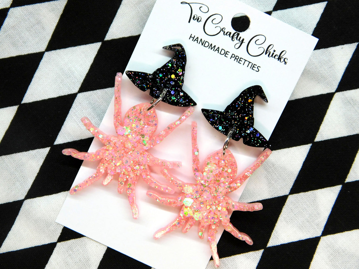 Large Baby Pink Spider Dangles w/ Black Witch Hat Tops