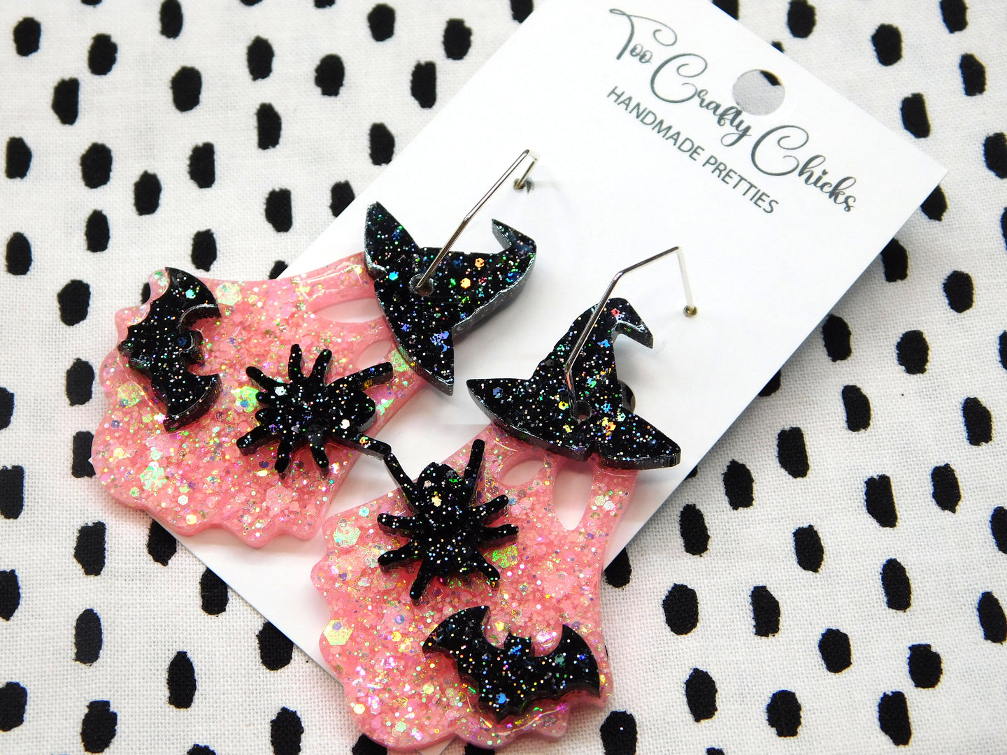 Baby Pink Ghosts w/ Black Spiders Bats & Witch Hats Hexagon Hoops
