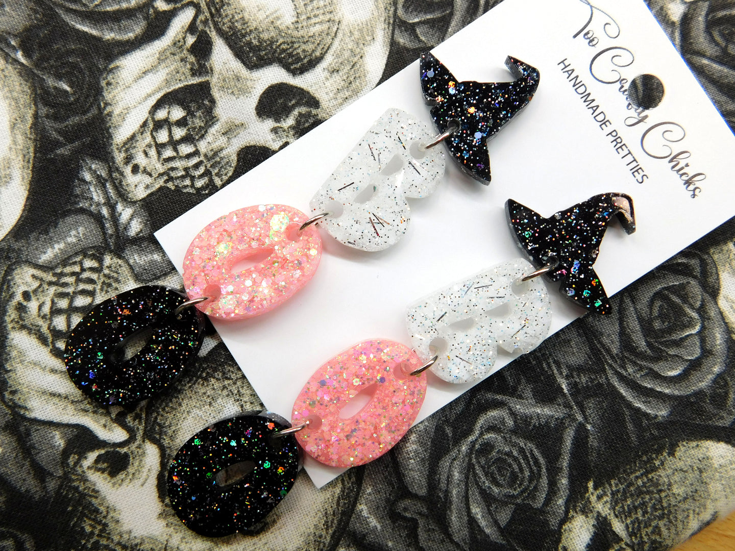 Baby Pink Black & White BOO Dangles w/ Witch Hat Tops
