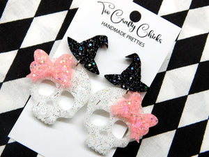 Baby Pink Black & White Skull Dangles w/ Witch Hat Tops