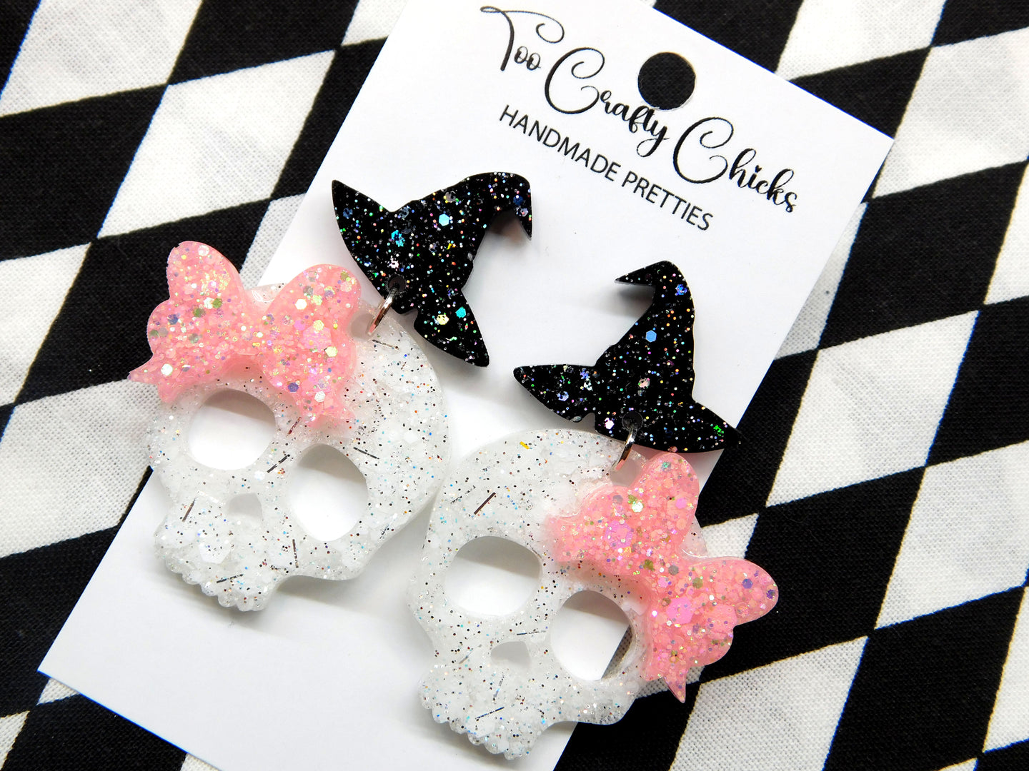 Baby Pink Black & White Skull Dangles w/ Witch Hat Tops