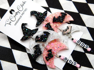 Baby Pink Black & White Boo Crescent Dangles w/ Witch Hat Tops