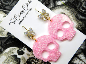 Baby Pink Skull Dangles w/ Cubic Zirconia Bow Fish Hooks