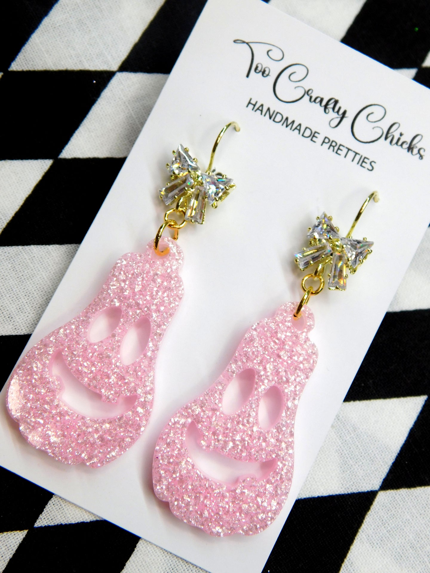 Baby Pink Oblong Jack-O-Lantern Dangles w/ Cubic Zirconia Bow Fish Hooks
