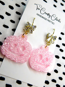 Baby Pink Round Jack-O-Lantern Dangles w/ Cubic Zirconia Bow Fish Hooks