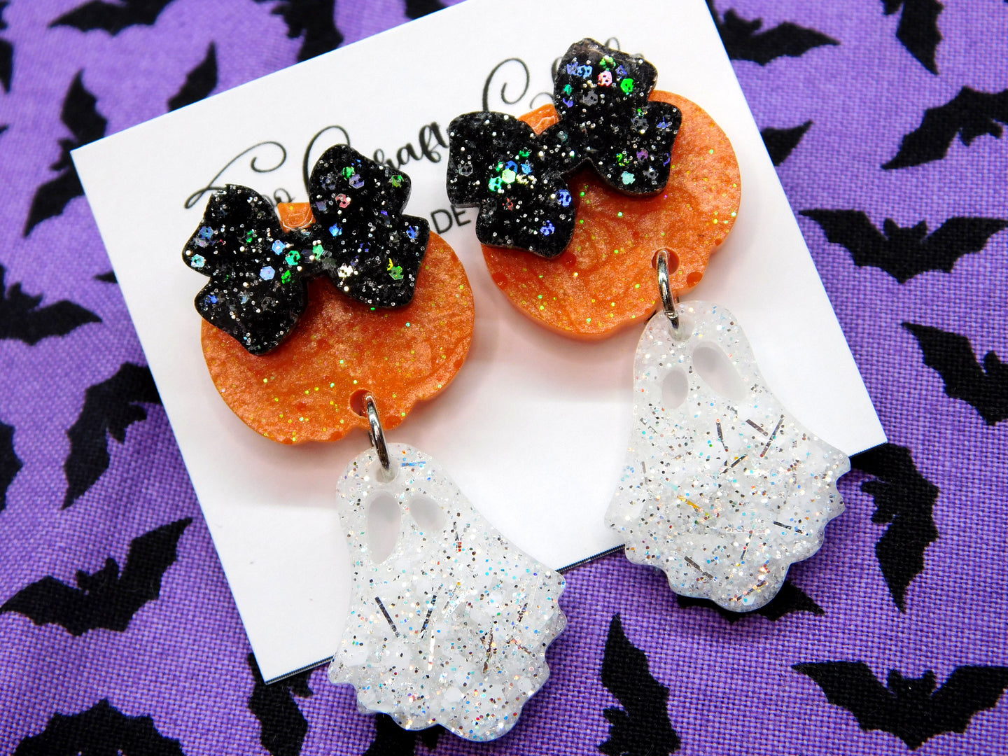 Small White Ghost Dangles w/ Orange Pumpkin Black Bow Tops
