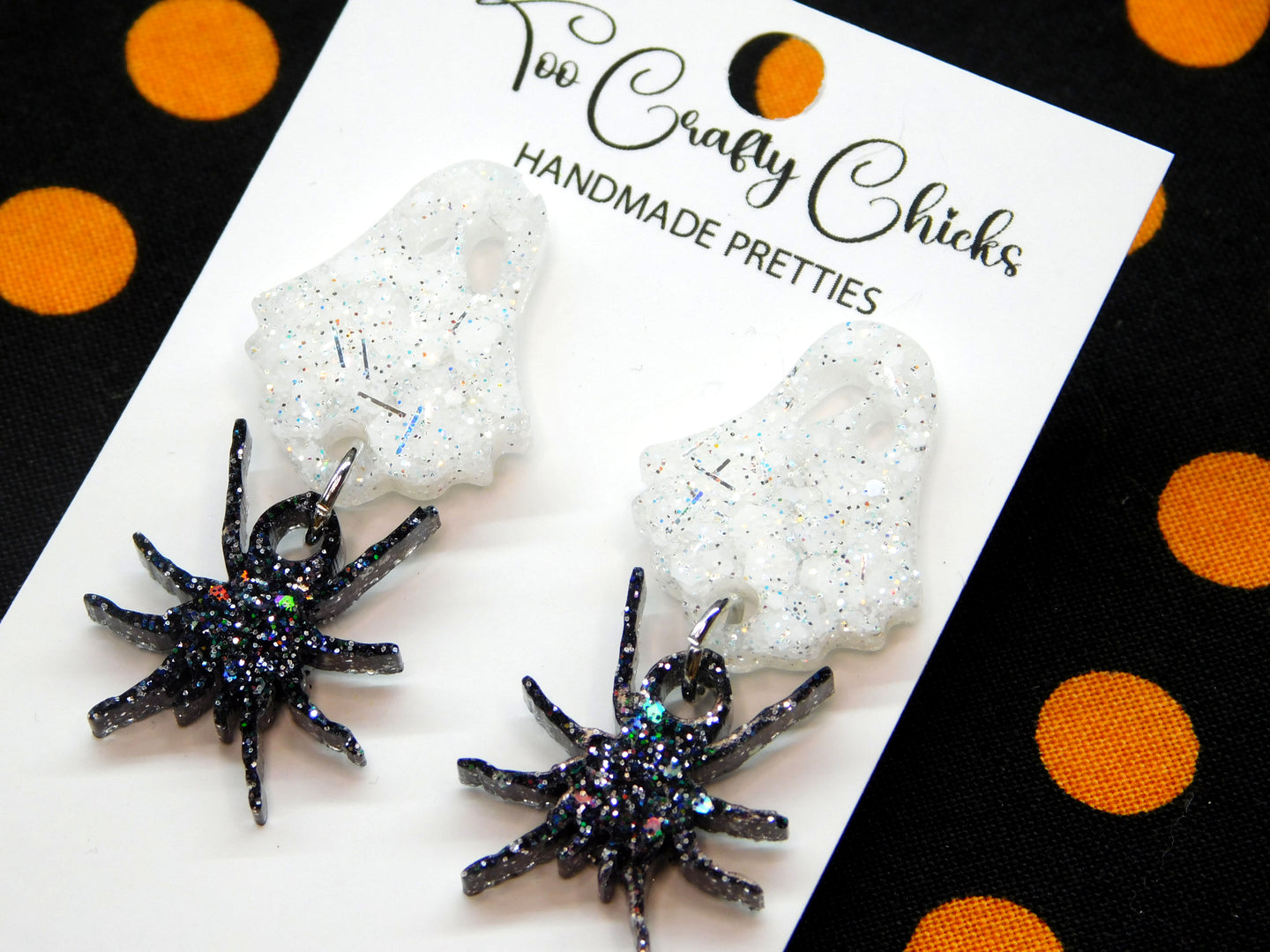 Small Black Spider Dangles w/ White Ghost Tops