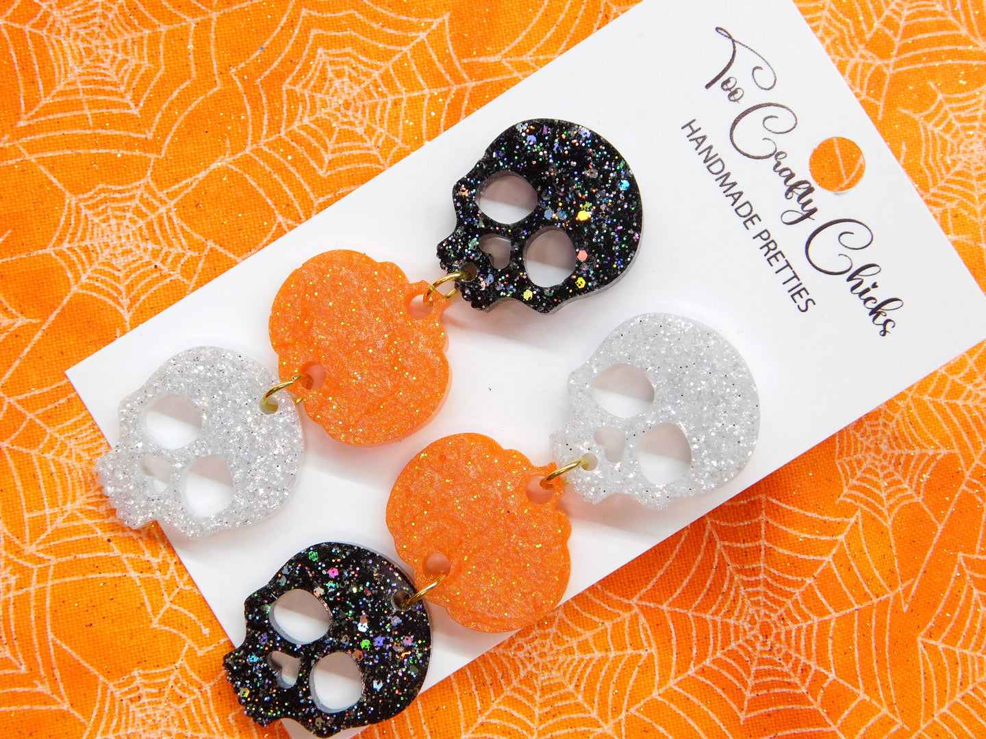 Black White & Orange Skull & Pumpkin Dangles