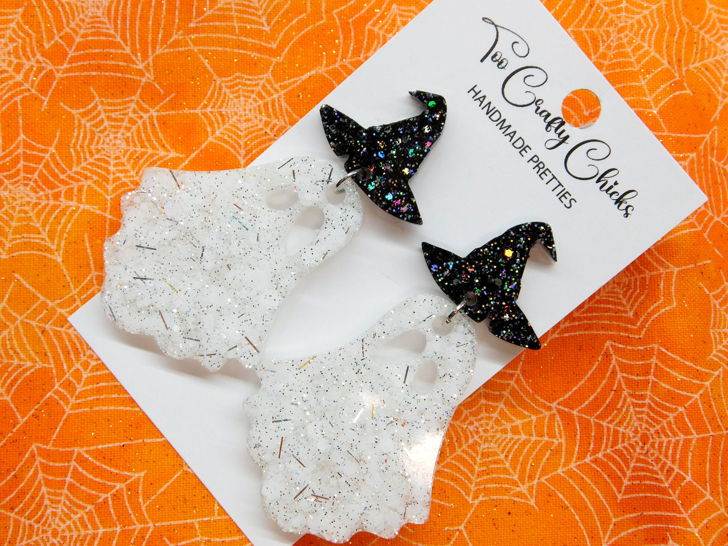 White Ghost Dangles w/ Black Witch Hat Tops