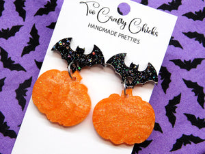 Orange Pumpkin Dangles w/ Black Bat Tops