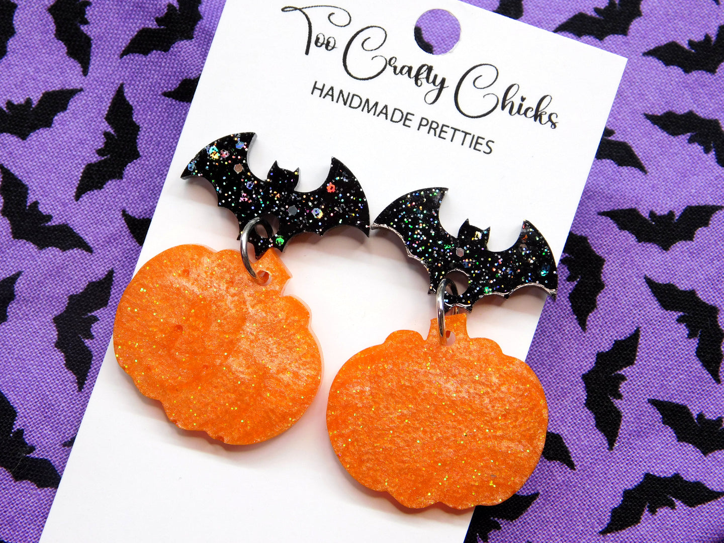 Orange Pumpkin Dangles w/ Black Bat Tops