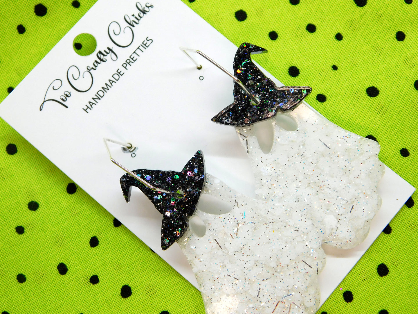 White Ghosts w/ Black Witch Hat Hexagon Hoops