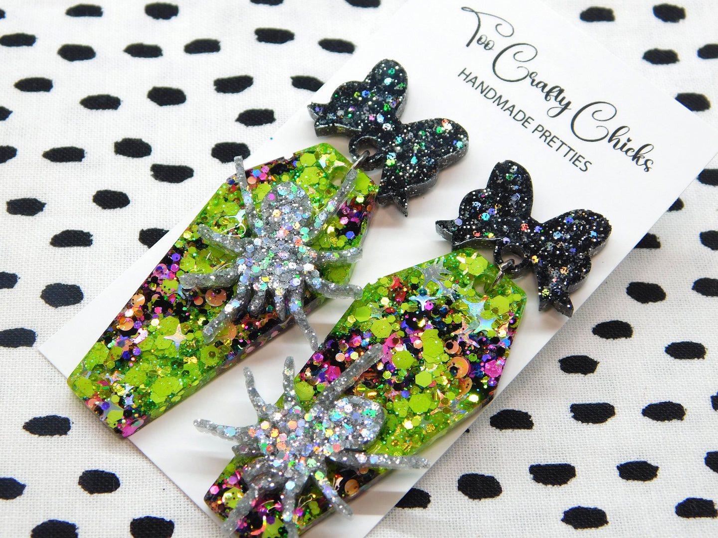 Green & Halloween Confetti Coffin Dangles w/ Bow Tops