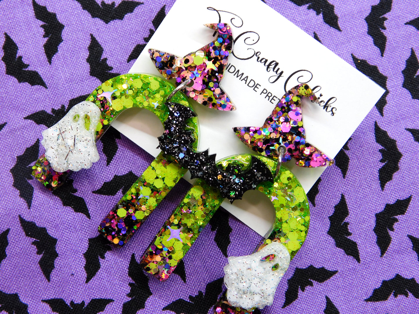 Green & Halloween Confetti Ghost & Bat Arch Dangles w/ Witch Hat Tops