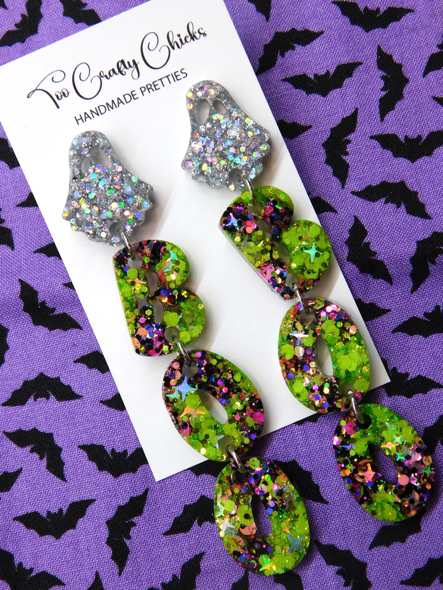Green & Halloween Confetti BOO Dangles w/ Ghost Tops