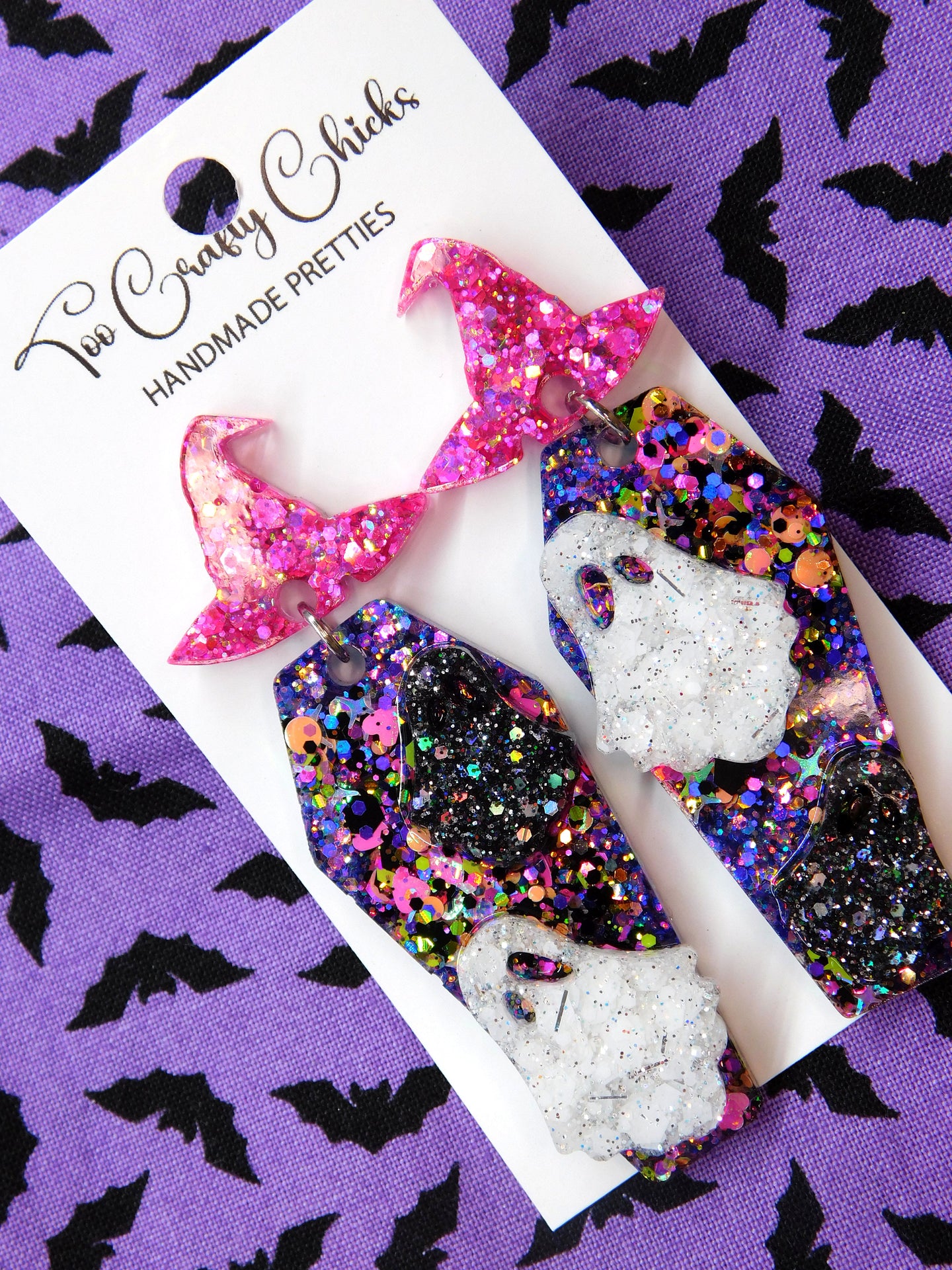 Halloween Confetti Ghost Coffin Dangles w/ Witch Hat Tops