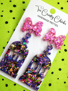 Halloween Confetti RIP Headstone Dangles w/ Pink Bow Tops