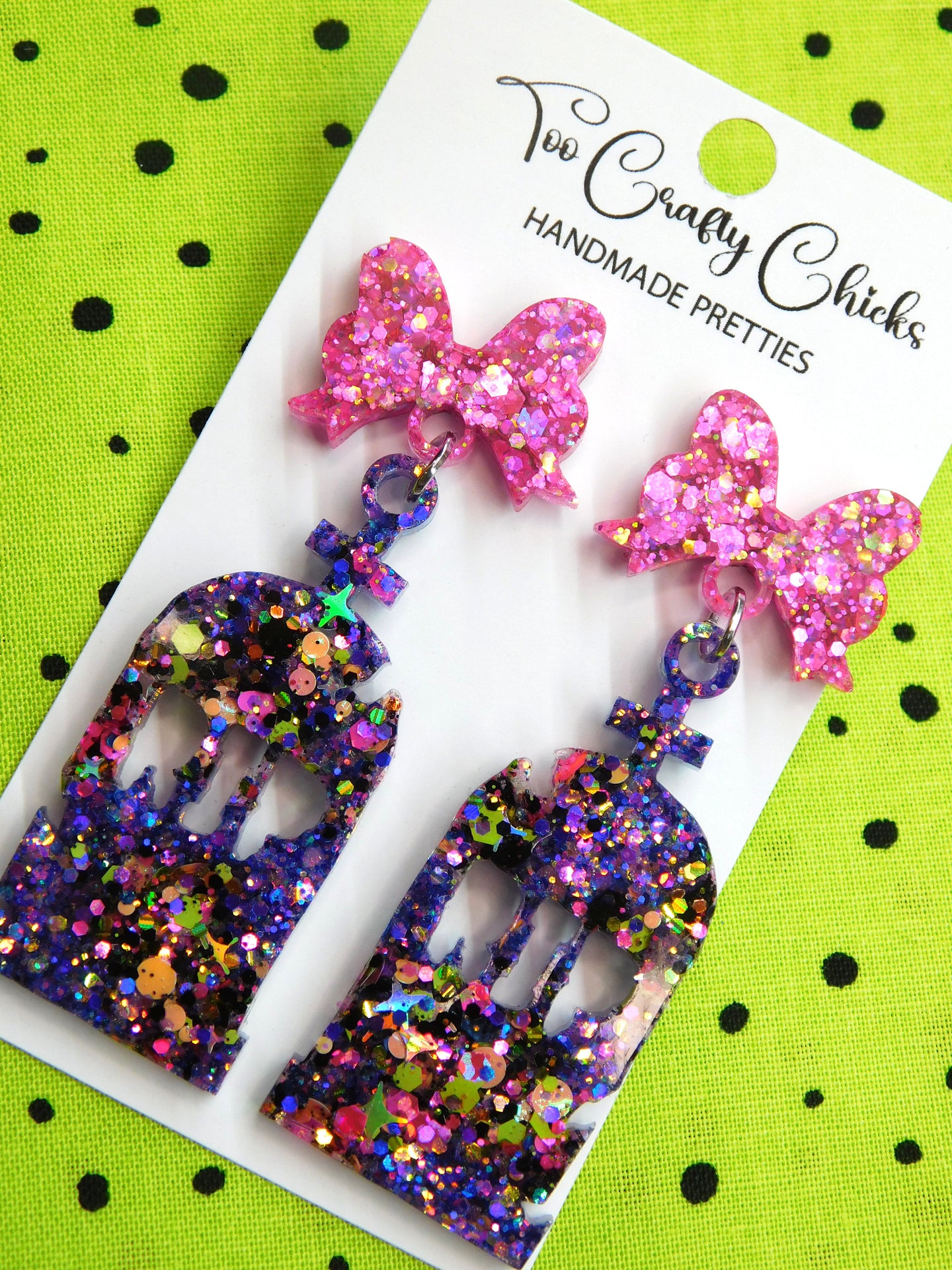Halloween Confetti RIP Headstone Dangles w/ Pink Bow Tops