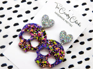 Purple & Halloween Confetti Skull Dangles w/ Heart Tops