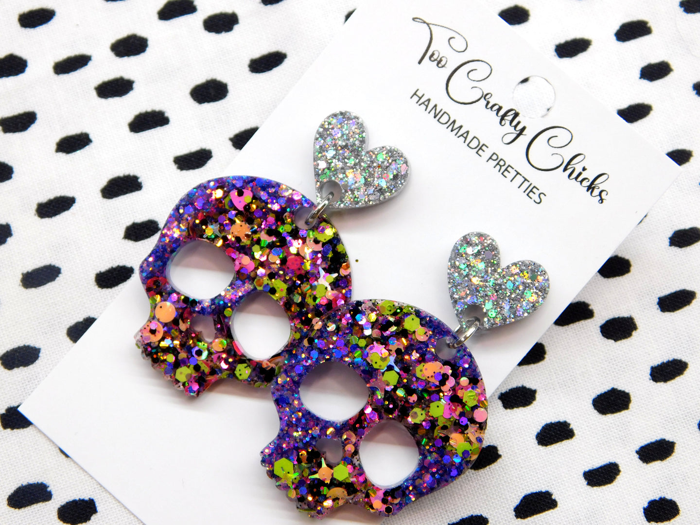 Purple & Halloween Confetti Skull Dangles w/ Heart Tops