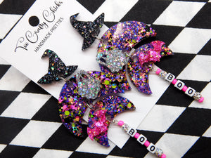 Purple & Halloween Confetti BOO Crescent Dangles w/ Witch Hat Tops