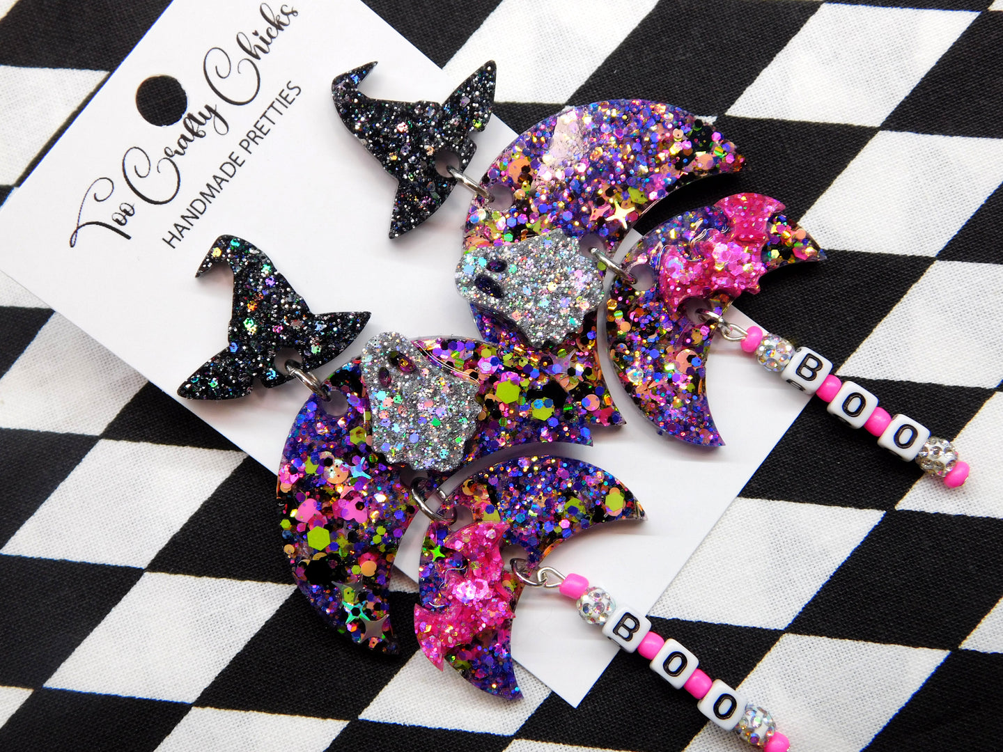 Purple & Halloween Confetti BOO Crescent Dangles w/ Witch Hat Tops