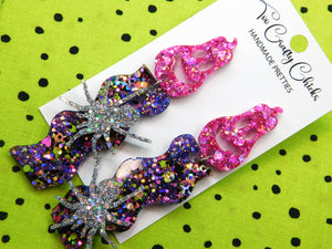 Purple & Halloween Confetti Wavy Dangles w/ Pink Oblong Jack-O-Lantern Tops