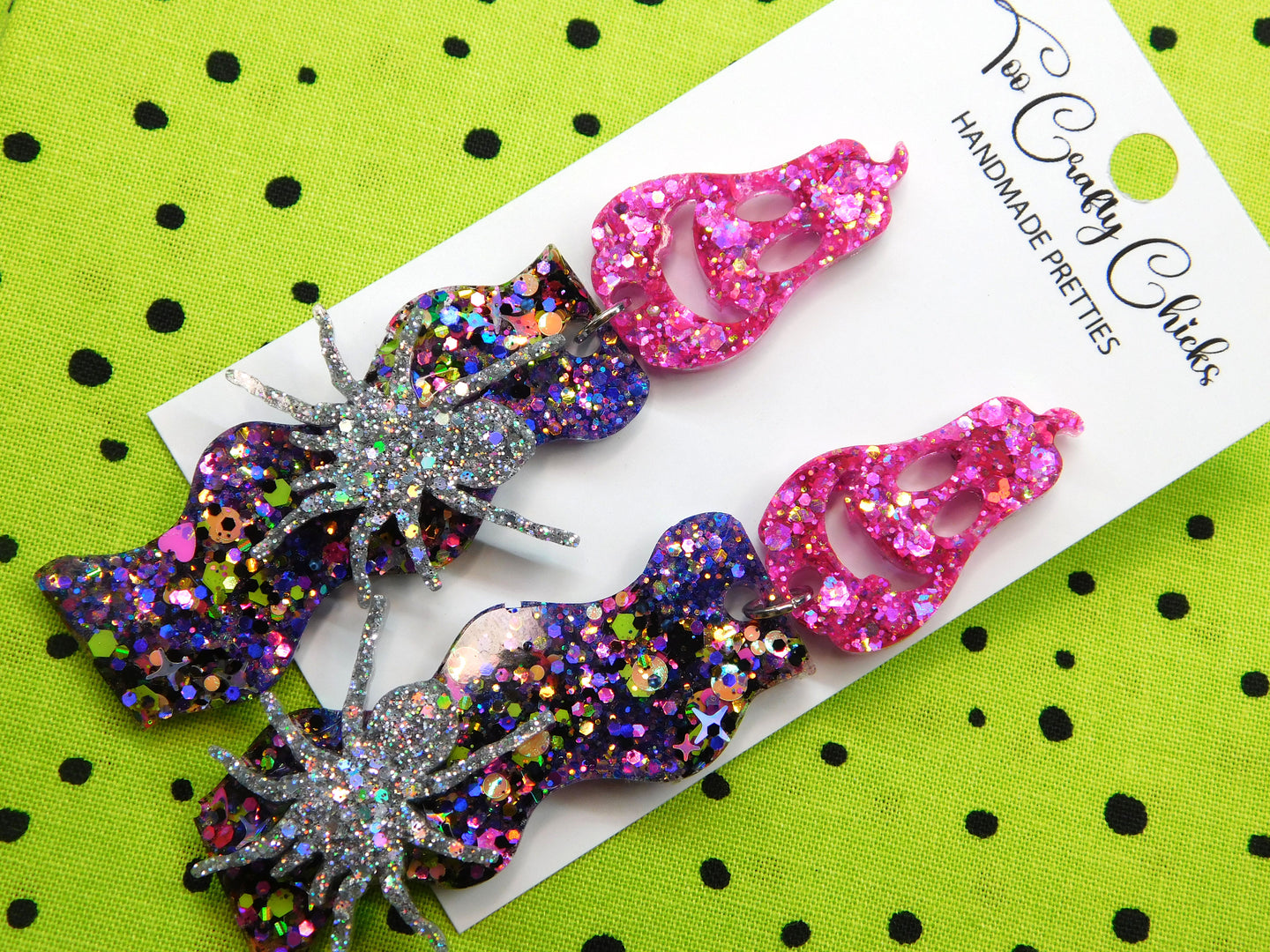 Purple & Halloween Confetti Wavy Dangles w/ Pink Oblong Jack-O-Lantern Tops