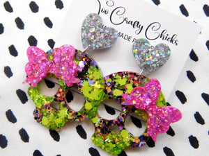 Green & Halloween Confetti Skull w/ Pink Bow Dangles w/ Heart Tops