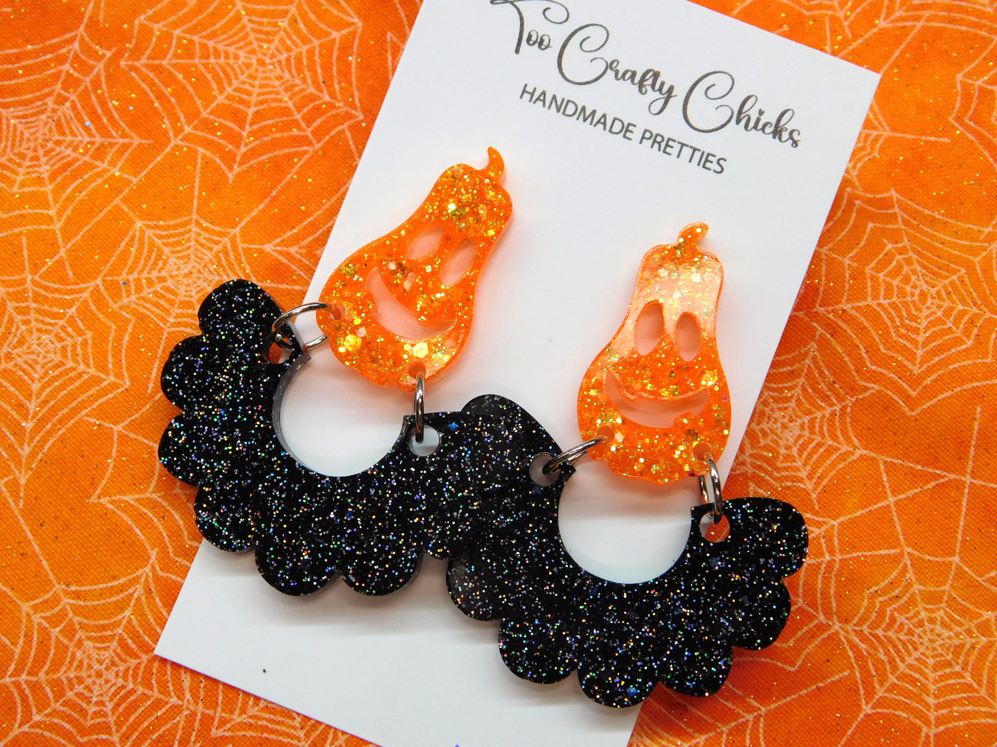 Orange & Black Scalloped Dangles w/ Oblong Jack-O-Lantern Dangles