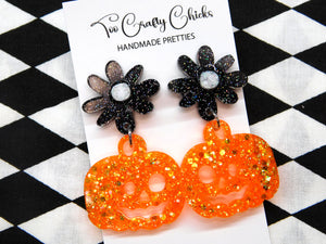 Orange & Black Round Jack-O-Lantern Dangles w/ Flower Tops