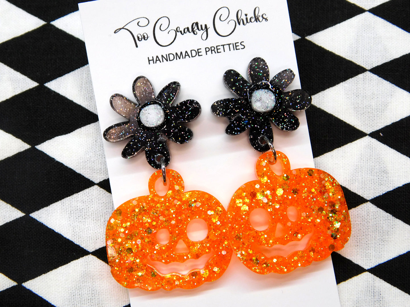 Orange & Black Round Jack-O-Lantern Dangles w/ Flower Tops