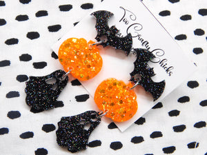 Orange & Black Bat Pumpkin Ghost Dangles