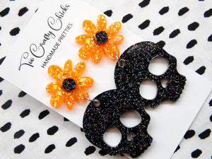 Orange & Black Skull Dangles w/ Flower Tops