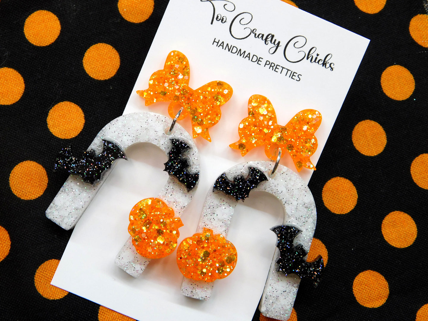 PRE ORDER - Orange White & Black Bat & Pumpkin Arch Dangles w/ Bow Tops
