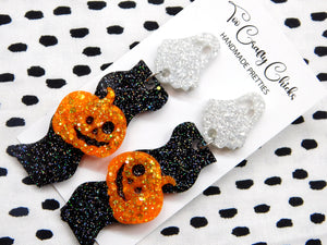 Orange White & Black Jack-O-Lantern Wavy Dangles w/ Ghost Tops