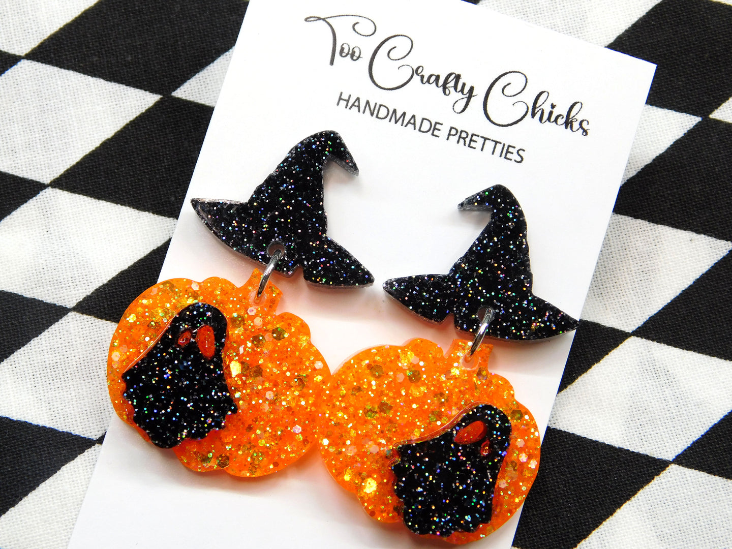 Orange Ghost Pumpkin Dangle w/ Black Witch Hat Tops