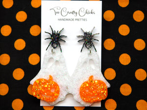White Ghost Dangles w/ Orange Jack-O-Lantern Dangles w/ Black Spider Tops
