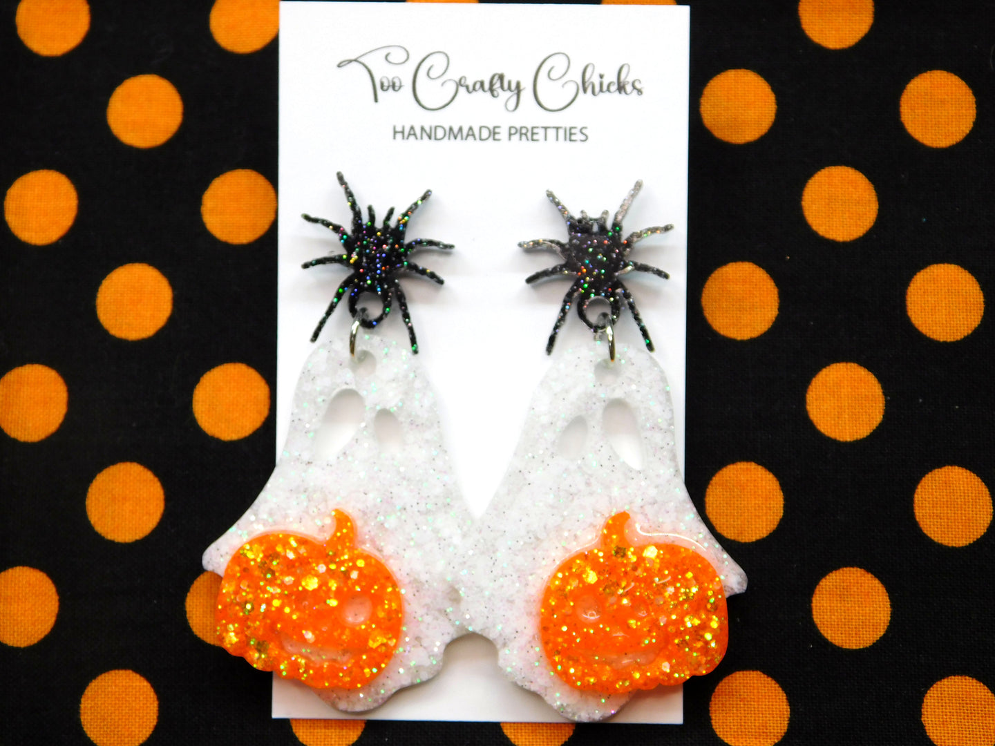White Ghost Dangles w/ Orange Jack-O-Lantern Dangles w/ Black Spider Tops