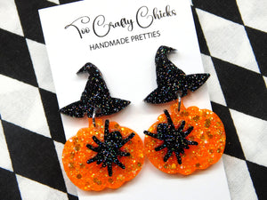 Orange Pumpkin Black Spider Dangles w/ Black Witch Hat Tops