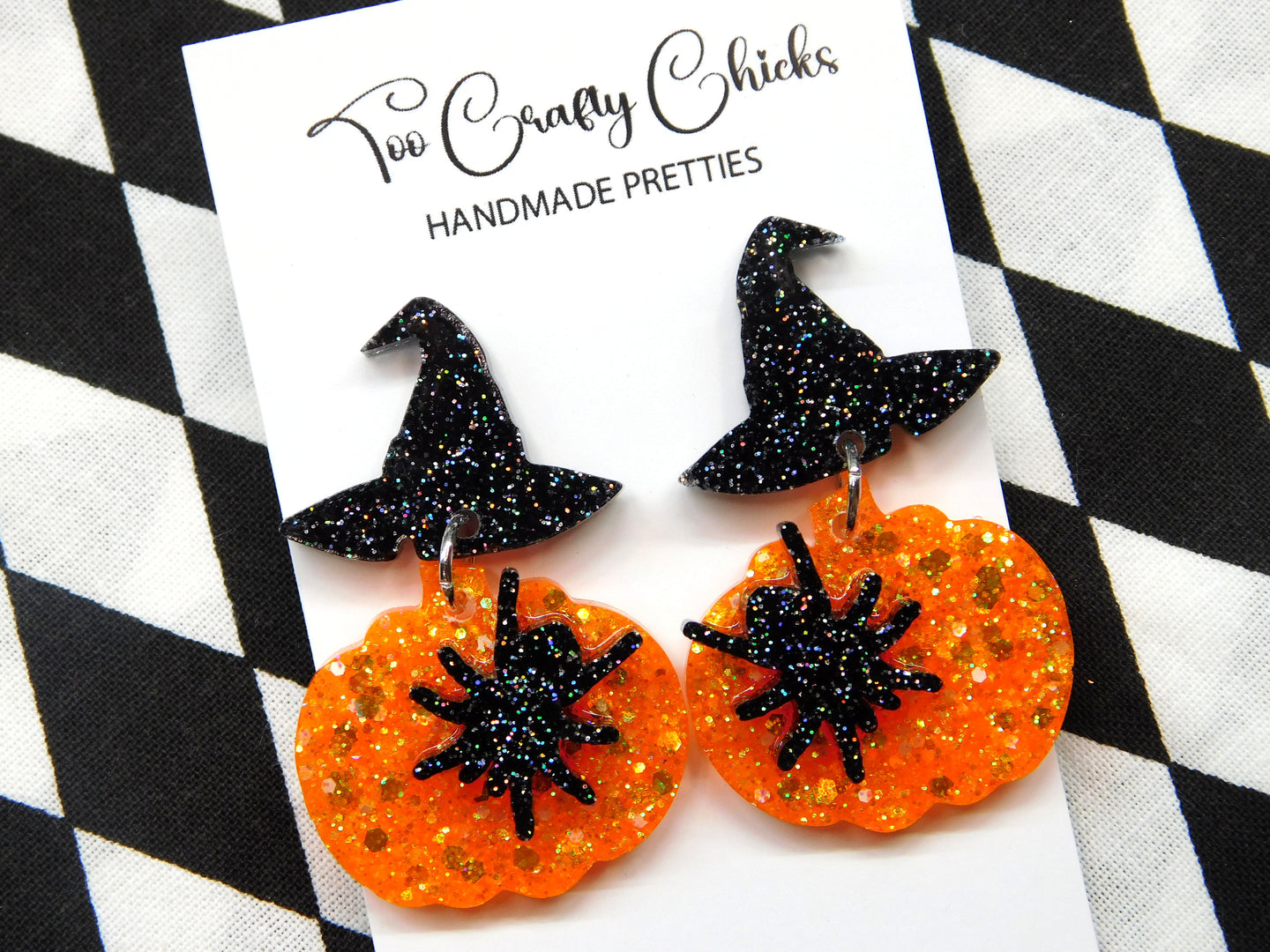 Orange Pumpkin Black Spider Dangles w/ Black Witch Hat Tops