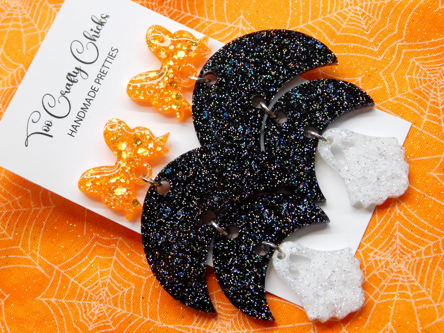 Black Orange & White Ghost Crescent Dangles w/ Bow Tops
