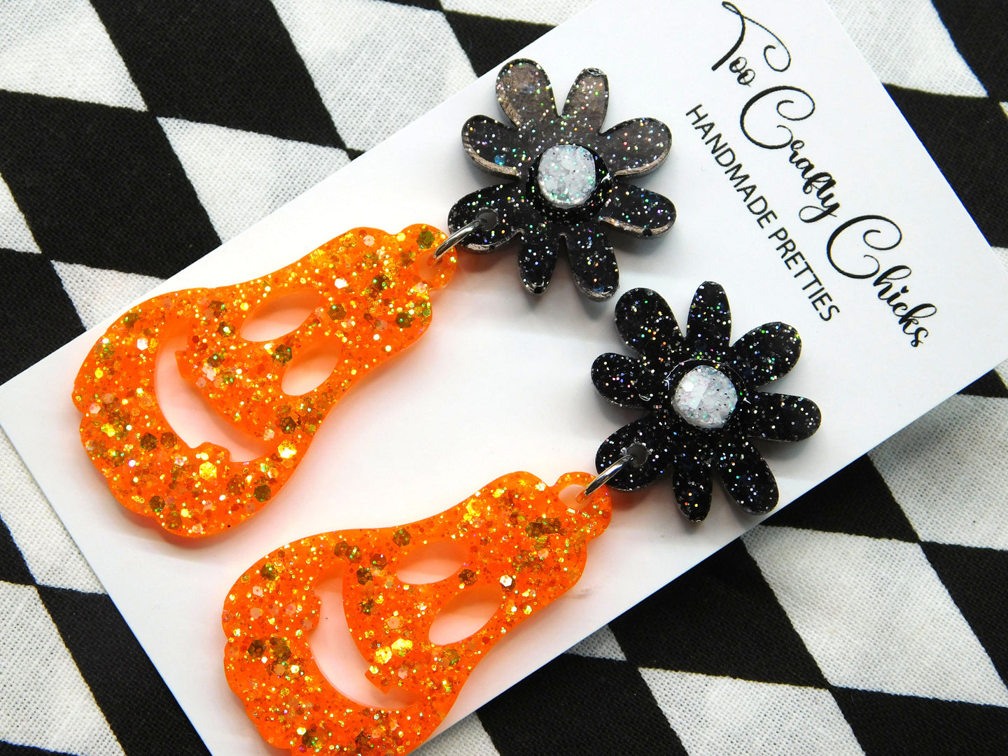 Orange Oblong Jack-O-Lantern Dangles w/ Black & White Flower Tops