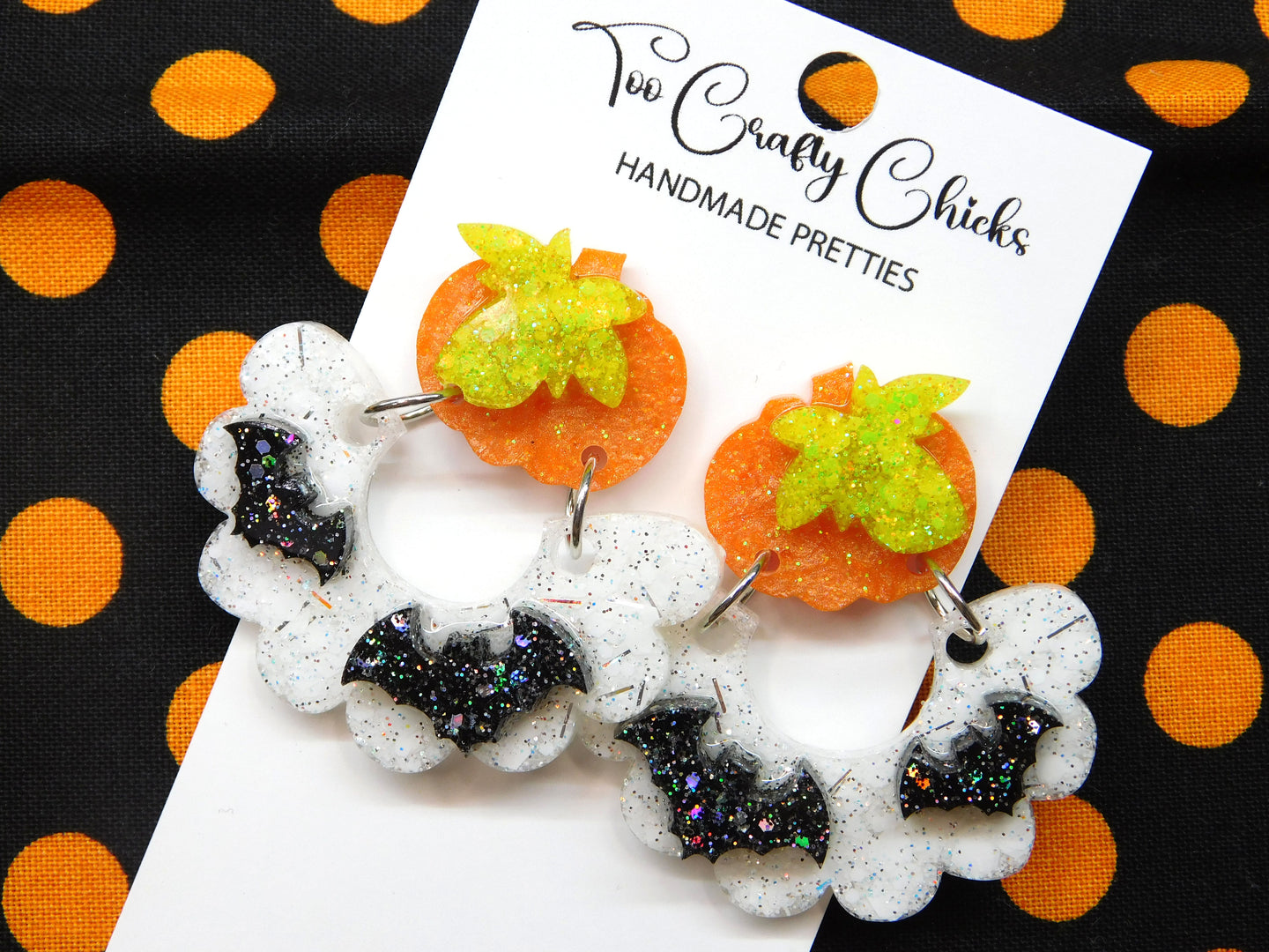 PRE ORDER - White & Black Bat Scalloped Dangles w/ Orange Pumpkin Tops