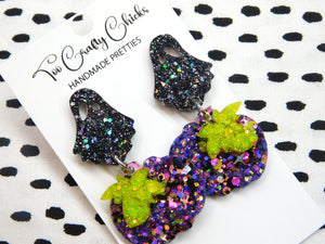 PRE ORDER - Purple & Halloween Confetti Pumpkin Dangles w/ Black Ghost Tops